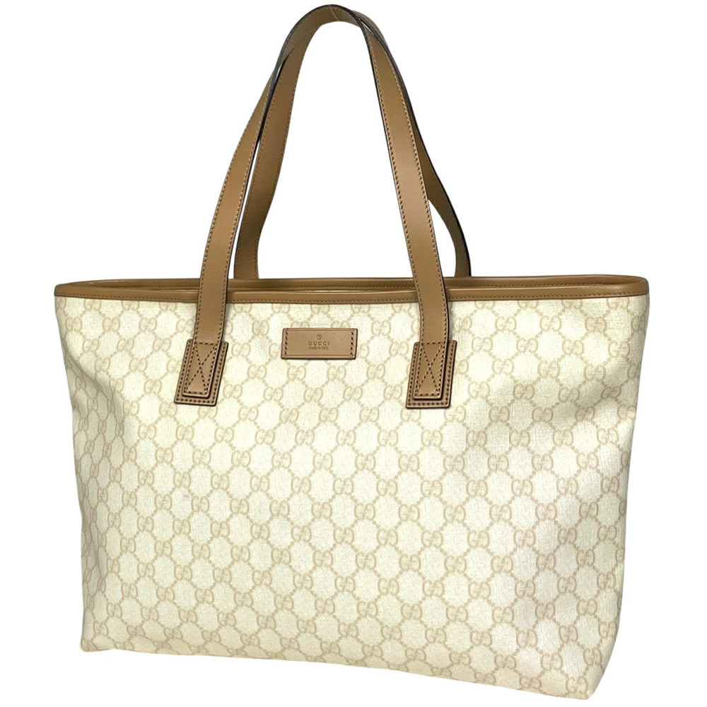 Gucci GG Supreme Joy Tote beige white coated canvas tan leather white